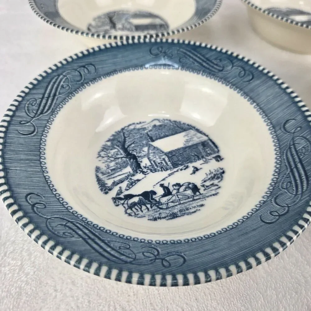 Set of 4 Vintage Royal China Currier & Ives Blue School House Soup Cereal Bowls